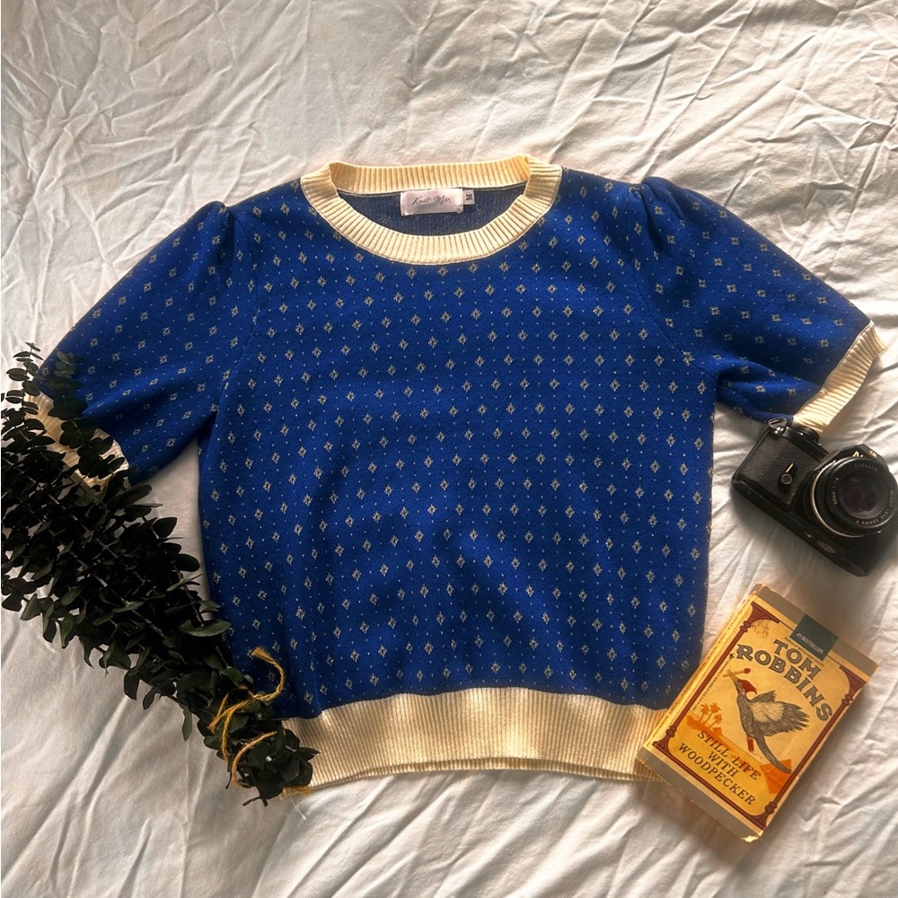 Knit Mix Blue Short Sleeve Sweater Top | Cream Trim Retro Knit Pullover Size M